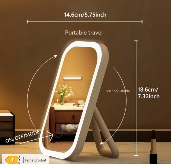 Rectangle 892 Miroir de Coiffeuse Lumineux LED – Éclairage Avant avec 3 Modes de Lumière