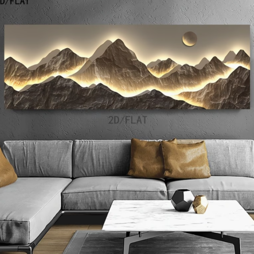 Affiche d'Art Abstrait Moderne 2D – Paysage Naturel Minimaliste (Vue Montagne & Soleil) aux Accents de Lumières Néon – Style Nordique pour Décoration de Maison (Sans Cadre)