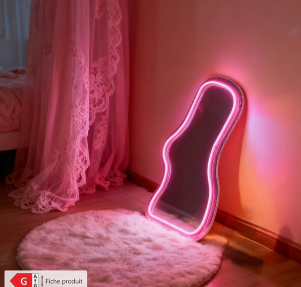 Miroir Néon LED Rose Fluo – Décoration Murale