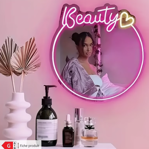 Miroir Néon LED Personnalisé (Alimenté par USB) – Miroir Décoratif avec Luminosité Réglable pour Chambre, Salle de Bain,