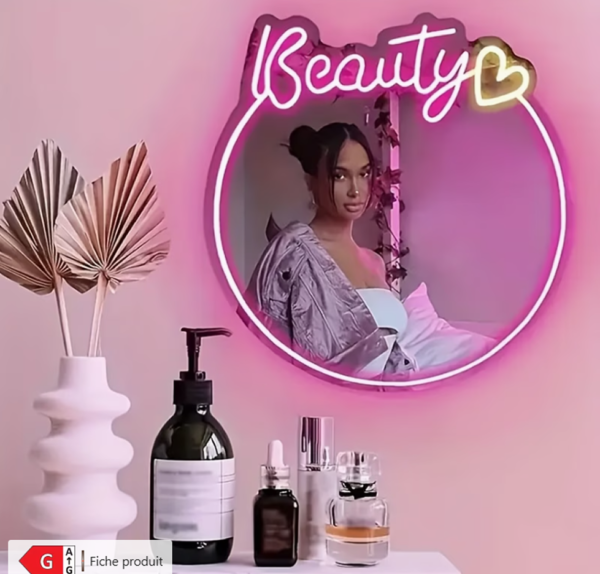Miroir Néon LED Personnalisé (Alimenté par USB) – Miroir Décoratif avec Luminosité Réglable pour Chambre, Salle de Bain,