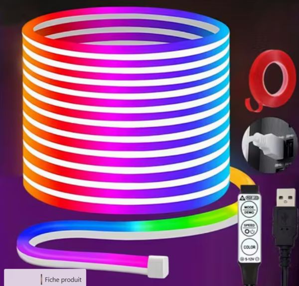 Rectangle 894 Ruban LED Néon Flexible RGB USB (1m / 3m / 5m) – Cordon Lumineux Effet Néon