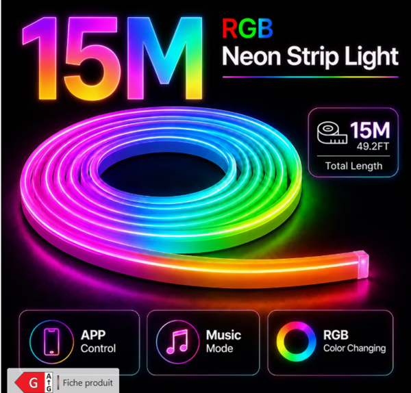 Rectangle 894 Bande Lumineuse LED Néon RGB Intelligente 30M/15M/5M avec Télécommande & Prise, 16 Millions de Couleurs et Contrôle via APP, IP67 DIY et Lumière à Minuteur Découpable pour Chambres, Décoration de Plafond