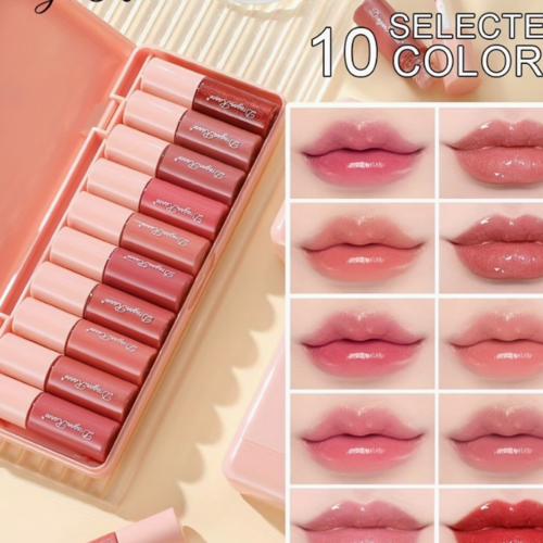 Lot de 10 Gloss à Lèvres Liquides Nacrés – Fini Fin, Waterproof et Longue Tenue avec Miroir Intégré