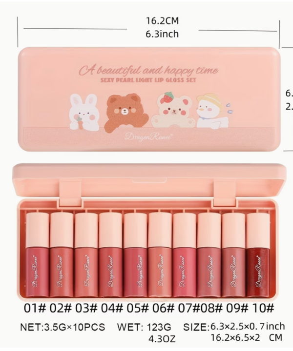 Lot de 10 Gloss à Lèvres Liquides Nacrés – Fini Fin, Waterproof et Longue Tenue avec Miroir Intégré