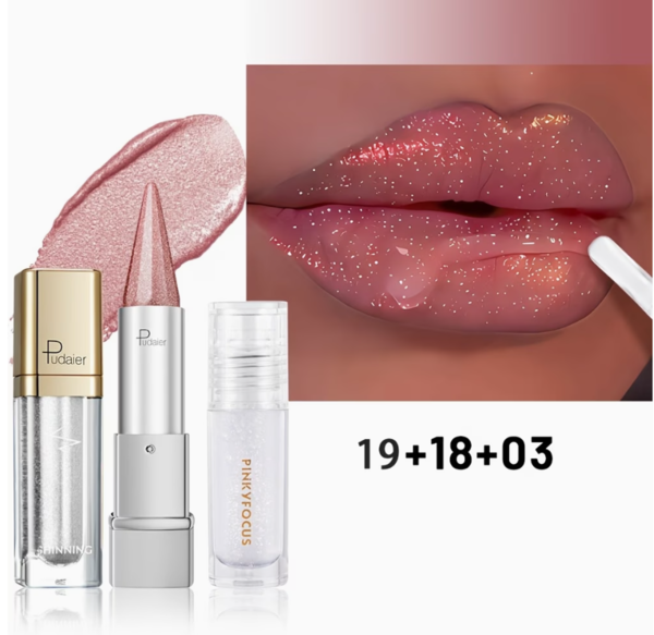 Set de Maquillage Lèvres Métallique Brillant Pudaier – Rouge à Lèvres et Gloss Pailleté Tons Rose et Violet