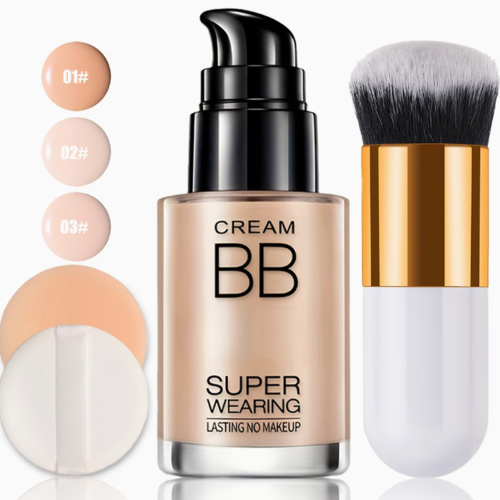 Set Teint Parfait BB Crème Fond de Teint Liquide et Pinceau Applicateur – Hydratation, Haute Tenue et Correcteur Matte