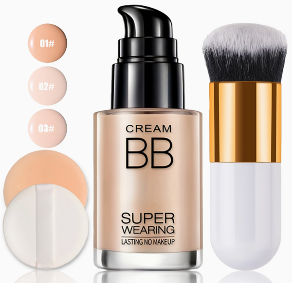 Set Teint Parfait BB Crème Fond de Teint Liquide et Pinceau Applicateur – Hydratation, Haute Tenue et Correcteur Matte