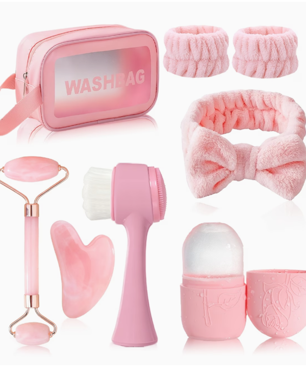 Kit de Massage Facial Gua Sha 8-en-1 – Rouleau, Moule à Glace et Outils de Drainage des Méridiens