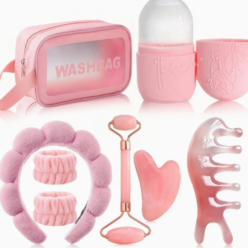 Kit de Massage Facial Gua Sha 8-en-1 – Rouleau, Moule à Glace et Outils de Drainage des Méridiens