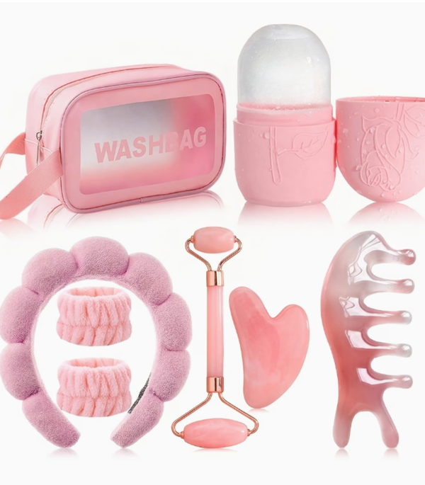 Kit de Massage Facial Gua Sha 8-en-1 – Rouleau, Moule à Glace et Outils de Drainage des Méridiens