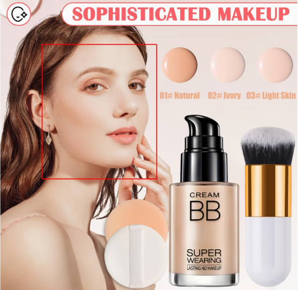 Set Teint Parfait BB Crème Fond de Teint Liquide et Pinceau Applicateur – Hydratation, Haute Tenue et Correcteur Matte