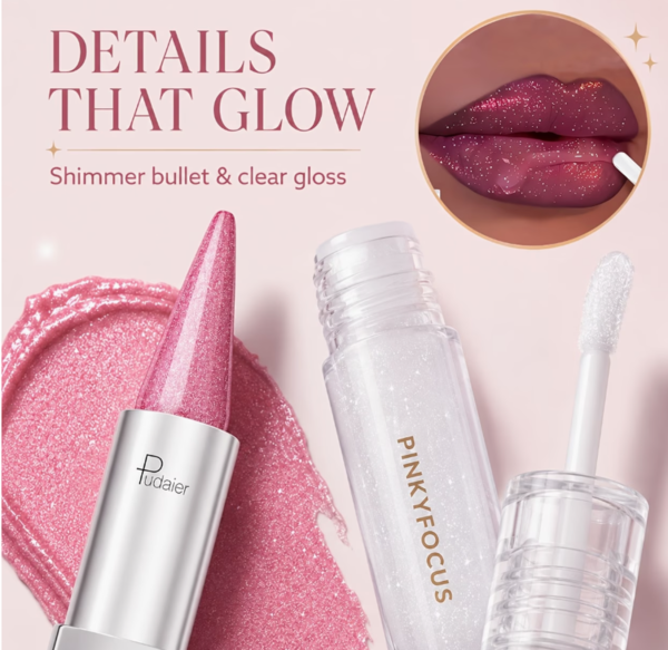 Set de Maquillage Lèvres Métallique Brillant Pudaier – Rouge à Lèvres et Gloss Pailleté Tons Rose et Violet
