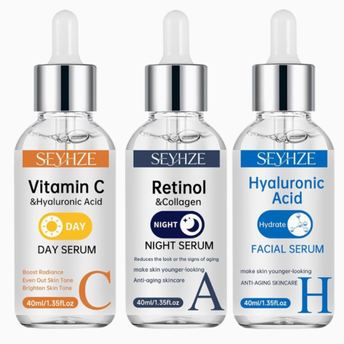 Lot de 3 Sérums Visage Jour & Nuit – Vitamine C, Rétinol et Acide Hyaluronique Haute Performance