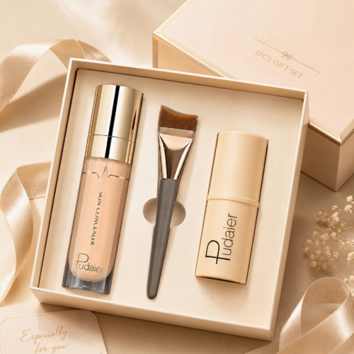 Set de Teint 3 Pièces – Fond de Teint Liquide, Correcteur Anti-Cernes et Pinceaux de Maquillage