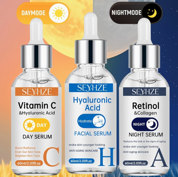 Lot de 3 Sérums Visage Jour & Nuit – Vitamine C, Rétinol et Acide Hyaluronique Haute Performance