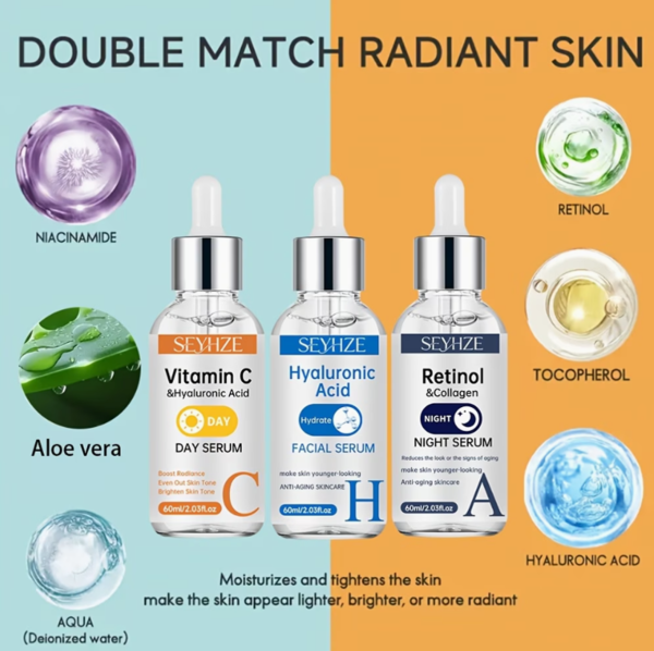 Lot de 3 Sérums Visage Jour & Nuit – Vitamine C, Rétinol et Acide Hyaluronique Haute Performance