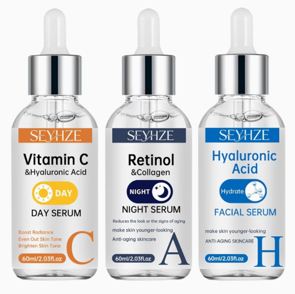 Lot de 3 Sérums Visage Jour & Nuit – Vitamine C, Rétinol et Acide Hyaluronique Haute Performance