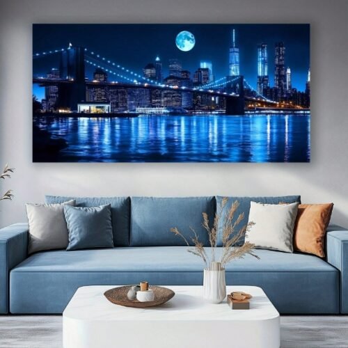 Tableau Mural Paysage Urbain en Impression Canevas Bleu Foncé – Peinture Décorative Moderne Sans Cadre pour Salon, Chambre et Bureau