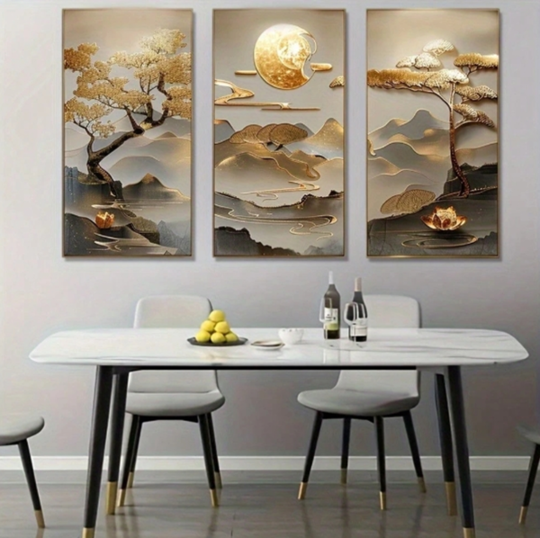 Rectangle 1014 (23) Ensemble de 3 Tableaux Peinture Arbre de Vie et Lotus – Toiles en Art Acrylique Style Classique Moderne, Format Vertical Sans Cadre pour Salon, Chambre et Bureau