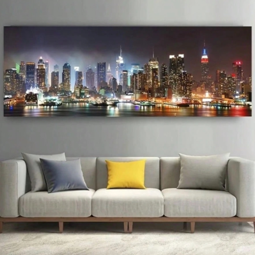 Rectangle 1014 (26) Tableau Canevas Murale New York City – Vue Panoramique Nocturne de la Skyline de Manhattan, Affiche Paysage Style Contemporain Horizontal Sans Cadre pour Salon, Chambre, Bureau et Cuisine