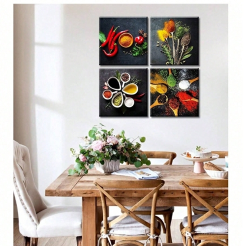 Rectangle 1014 (31) Ensemble de 4 Tableaux Murales pour Cuisine Sans Cadre – Toiles Colorées Cuillères à Épices et Assaisonnements, Peinture à l'Huile Vintage pour Cuisine et Salle à Manger