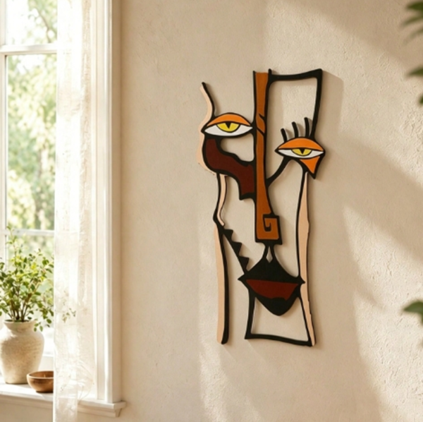 Rectangle 1014 (35) Ensemble de 3 Tableaux Affiches Visages Abstraits Cubistes – Décoration Murale Géométrique Color Block & Line Art Bohème Style Mid-Century pour Salon, Chambre et Intérieur Moderne