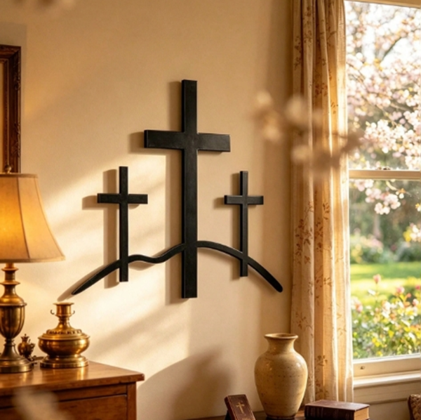 Rectangle 1014 (38) Enseigne Murale en Métal Noir 3 Croix du Calvaire – Décoration Murale Religieuse Foi Chrétienne, Croix à Suspendre Style Ferme pour Salon, Chambre et Cadeau de Pâques