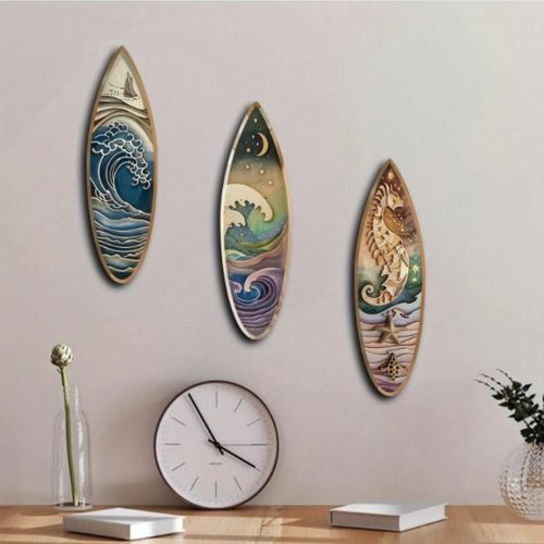 Rectangle 1014 (42) Ensemble de 3 Tableaux Planches de Surf en Bois Style Bohème – Décoration Murale Nautique Motifs Vagues, Hippocampe et Voile pour Maison de Plage, Bar Côtier et Intérieur Thème Mer