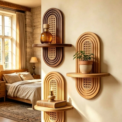 Rectangle 1016 (30) Étagère Murale en Rotin Tressé et Bois Style Bohème – Support Mural Vintage Minimaliste Motif Arc-en-Ciel, Étagère à Plantes & Déco pour Salon, Chambre, Cuisine et Salle de Bain