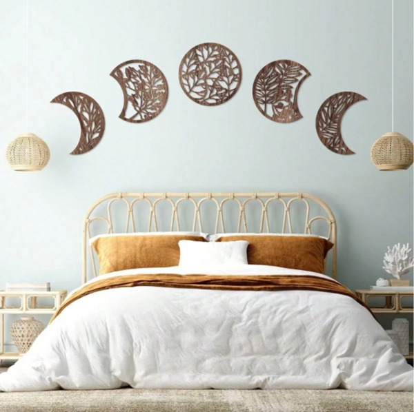Ensemble de 5 Décorations Murales Phases de Lune en Bois – Ornement Mural Style Bohème & Nordique pour Au-Dessus du Lit, Chambre, Salon et Appartement