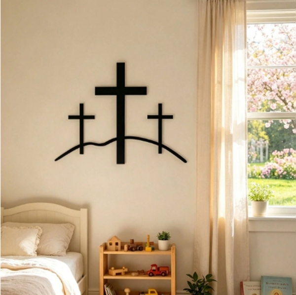 Rectangle 1016 (34) Enseigne Murale en Métal Noir 3 Croix du Calvaire – Décoration Murale Religieuse Foi Chrétienne, Croix à Suspendre Style Ferme pour Salon, Chambre et Cadeau de Pâques