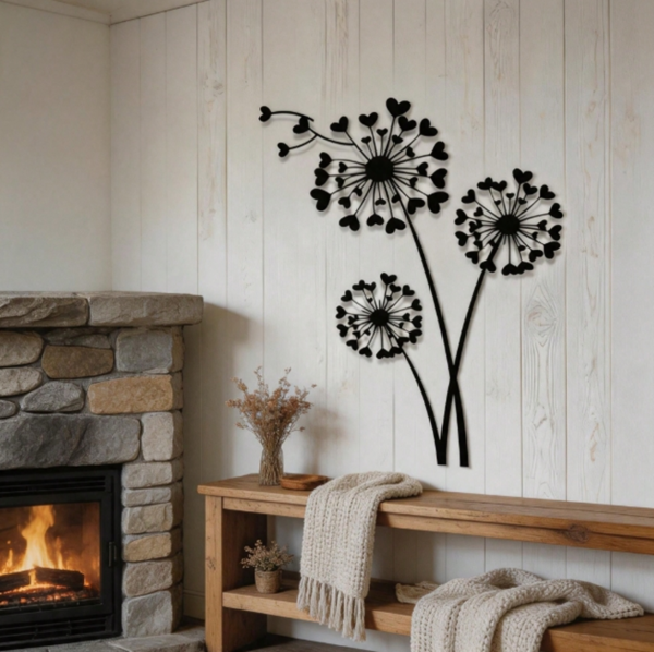 Rectangle 1016 (35) Sculpture Murale en Métal 2D Pissenlit – Art Mural Végétal en Fer pour Intérieur et Extérieur, Décoration Poétique pour Salon, Jardin, Balcon, Patio et Cadeau de Crémaillère