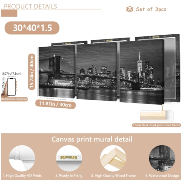Ensemble de 3 Tableaux sur Canevas Encadrés et Tendus – Décoration Murale Paysage Urbain de New York & Pont de Brooklyn en Noir et Blanc, Art de Voyage Moderne pour Salon, Chambre et Bureau