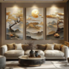 Rectangle 1017 (21) Ensemble de 3 Tableaux Peinture Arbre de Vie et Lotus – Toiles en Art Acrylique Style Classique Moderne, Format Vertical Sans Cadre pour Salon, Chambre et Bureau