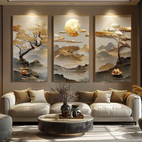 Rectangle 1017 (21) Ensemble de 3 Tableaux Peinture Arbre de Vie et Lotus – Toiles en Art Acrylique Style Classique Moderne, Format Vertical Sans Cadre pour Salon, Chambre et Bureau