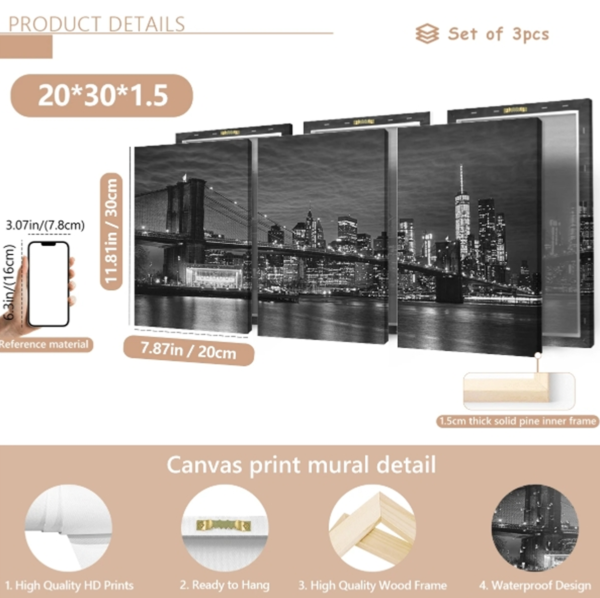 Ensemble de 3 Tableaux sur Canevas Encadrés et Tendus – Décoration Murale Paysage Urbain de New York & Pont de Brooklyn en Noir et Blanc, Art de Voyage Moderne pour Salon, Chambre et Bureau