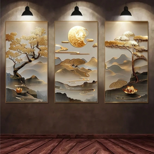 Rectangle 1018 (21) Ensemble de 3 Tableaux Peinture Arbre de Vie et Lotus – Toiles en Art Acrylique Style Classique Moderne, Format Vertical Sans Cadre pour Salon, Chambre et Bureau