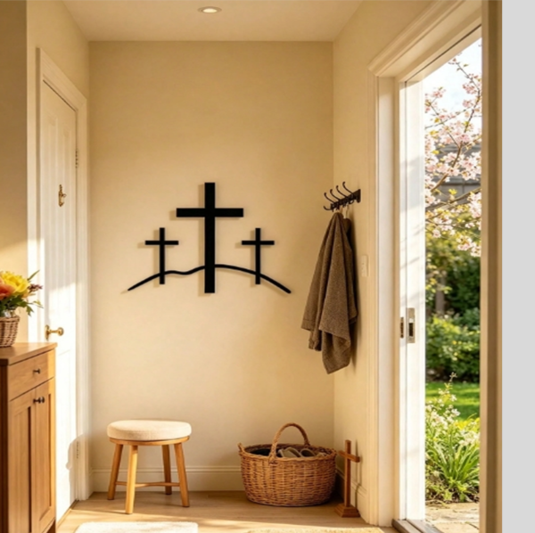 Rectangle 1019 (27) Enseigne Murale en Métal Noir 3 Croix du Calvaire – Décoration Murale Religieuse Foi Chrétienne, Croix à Suspendre Style Ferme pour Salon, Chambre et Cadeau de Pâques