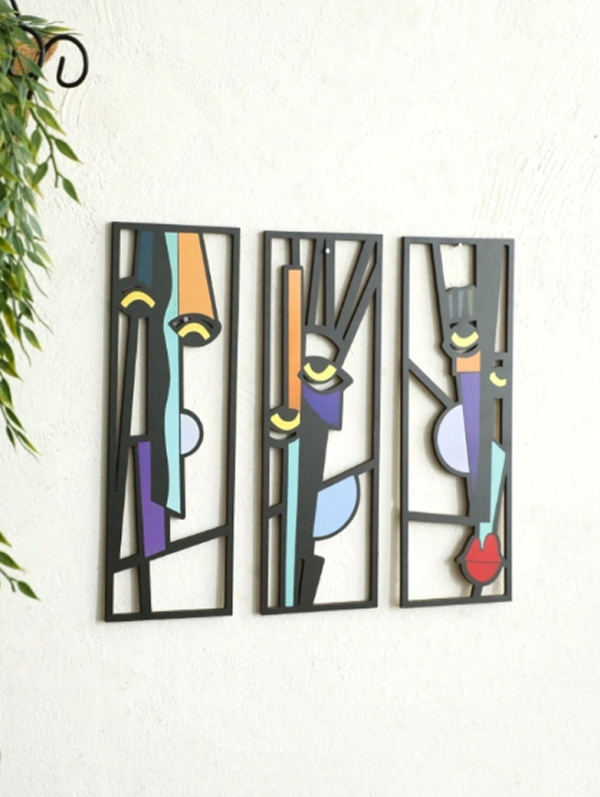 Rectangle 13 (10) Ensemble de 3 Tableaux Affiches Visages Abstraits Cubistes – Décoration Murale Géométrique Color Block & Line Art Bohème Style Mid-Century pour Salon, Chambre et Intérieur Moderne