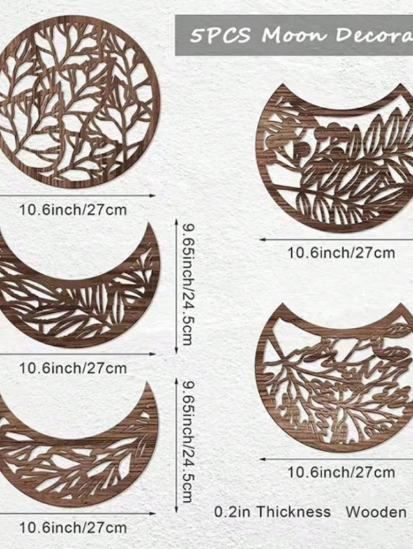 Ensemble de 5 Décorations Murales Phases de Lune en Bois – Ornement Mural Style Bohème & Nordique pour Au-Dessus du Lit, Chambre, Salon et Appartement