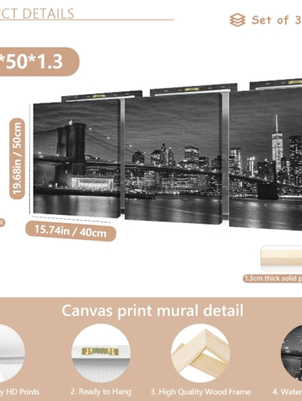 Ensemble de 3 Tableaux sur Canevas Encadrés et Tendus – Décoration Murale Paysage Urbain de New York & Pont de Brooklyn en Noir et Blanc, Art de Voyage Moderne pour Salon, Chambre et Bureau