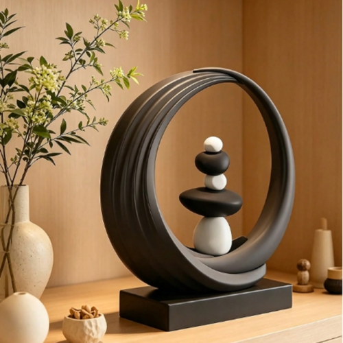 Statue Sculpturale d'Art Moderne en Résine Effet Pierre – Décoration Blanche & Touches Dorées pour Salon, Table Basse et Étagère – Sculpture Artistique & Idée Cadeau de Bon Augure