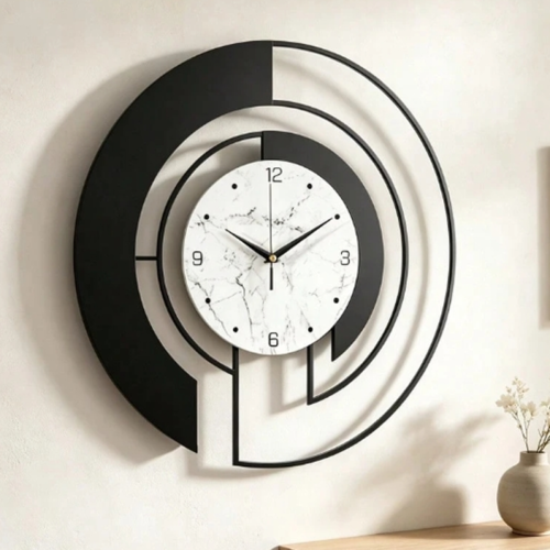 Horloge Murale Grande Taille Minimaliste en Fer Peint & Cadran Effet Marbre – Horloge Métallique Créative Silencieuse Sans Tic-Tac – Décoration Murale Chic pour Salon, Chambre & Boutique