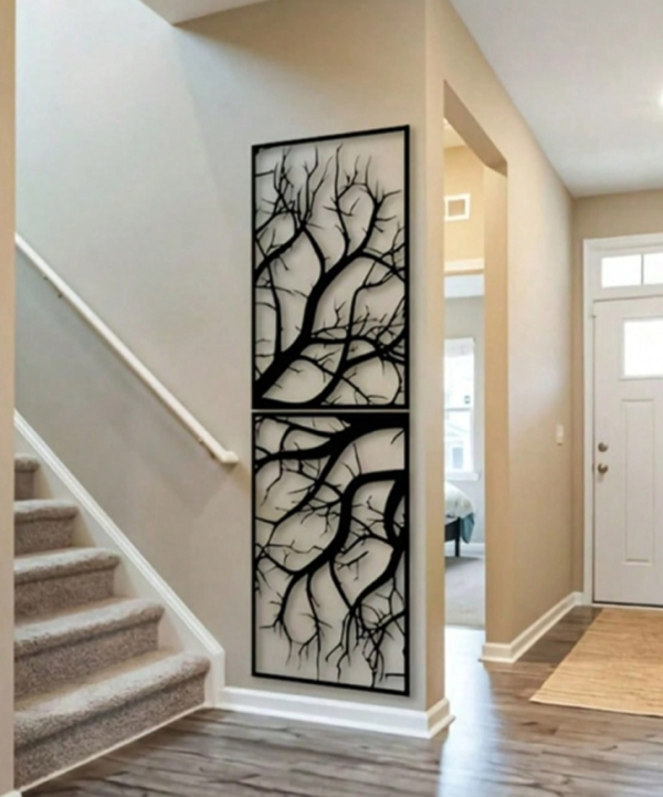 Rectangle 14 (15) Ensemble de 2 Sculptures Murales Arbre en Métal 40cm – Art Mural Vertical en Fer Durable, Décoration Intérieure Design pour Salon et Chambre à Coucher