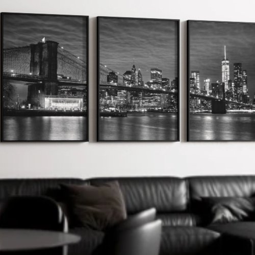 Rectangle 14 (2) Ensemble de 3 Tableaux sur Canevas Encadrés et Tendus – Décoration Murale Paysage Urbain de New York & Pont de Brooklyn en Noir et Blanc, Art de Voyage Moderne pour Salon, Chambre et Bureau