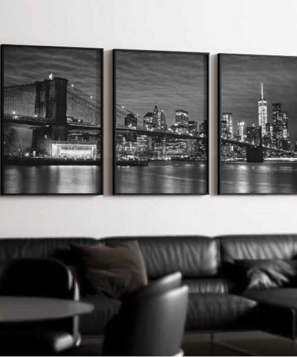 Ensemble de 3 Tableaux sur Canevas Encadrés et Tendus – Décoration Murale Paysage Urbain de New York & Pont de Brooklyn en Noir et Blanc, Art de Voyage Moderne pour Salon, Chambre et Bureau
