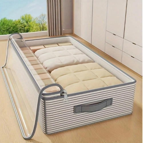 Lot de 1/2 Sacs de Rangement Sous le Lit Grande Capacité – Organisateurs de Vêtements Pliables Anti-Poussière à Rayures avec Fenêtre Transparente & Poignées Renforcées – Bac de Rangement pour Couvertures, Dressing, Dortoir & Déménagement