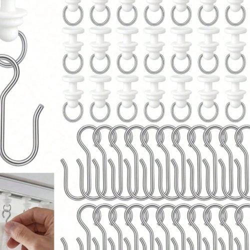 Lot de 60 Roulettes et Crochets pour Rail de Rideau au Plafond Blancs – Galets Coulissants Silencieux pour Séparateur de Pièce, Salon, Chambre, Douche & Salle de Bain – Accessoires de Fixation pour Rideaux & Voilages
