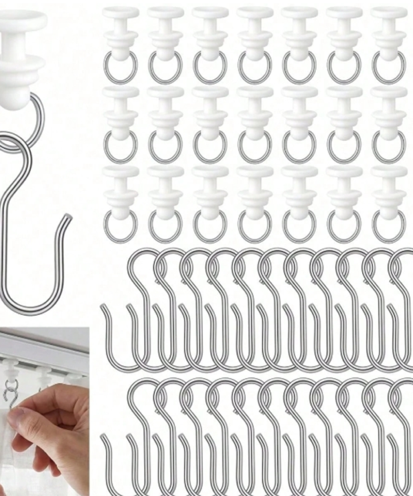 Lot de 60 Roulettes et Crochets pour Rail de Rideau au Plafond Blancs – Galets Coulissants Silencieux pour Séparateur de Pièce, Salon, Chambre, Douche & Salle de Bain – Accessoires de Fixation pour Rideaux & Voilages